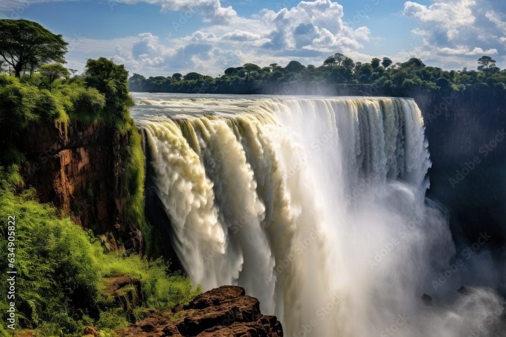 African Wonder Unveiled: Ultra-Realistic Waterfall Scene, Lush Greenery, Rainbow Mist, and Wildlife Gathering
