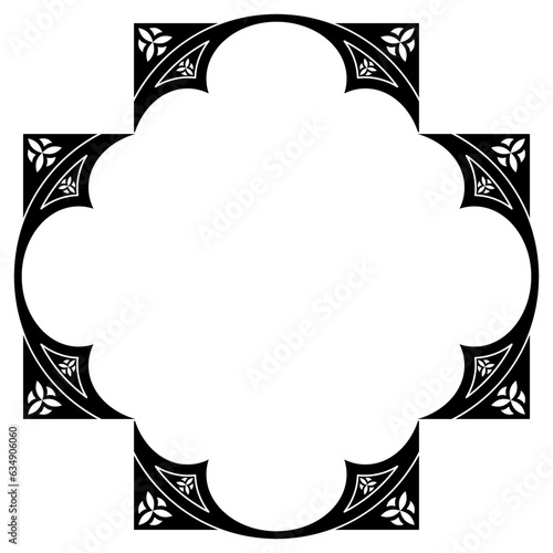 Geometrical ornament or frame with Gothic motifs. Black and white silhouette.