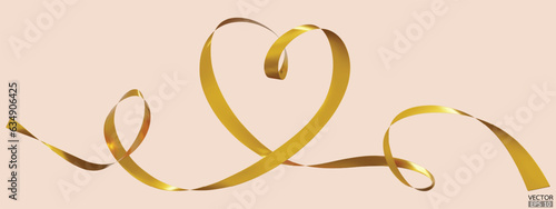 Gold ribbons heart isolated on beige background. Continuous ribbon line art drawing. Element for Valentine's day, mother's day wedding and print. 3D vector illustration.