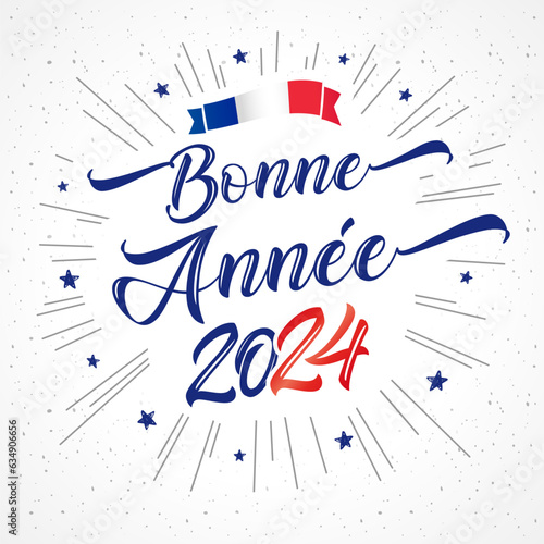 Bonne annee 2024 elegant lettering. French text - Happy New Year. 2024 numbers, blue stars and calligraphy. Vector illustration for greeting banner or poster photo