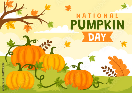 National Pumpkin Day Vector Illustration on 26 October with Cute Cartoon Style Pumpkin Character on Garden Background Hand Drawn Template