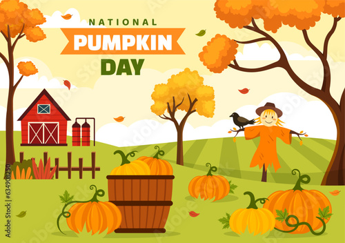 National Pumpkin Day Vector Illustration on 26 October with Cute Cartoon Style Pumpkin Character on Garden Background Hand Drawn Template