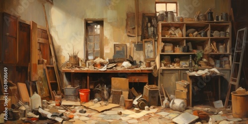 oil painting of room with dirt and messy, generative AI