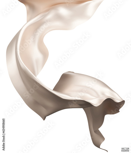 Flying beige silk textile fabric flag background. Smooth elegant beige Satin Isolated on white Background for grand opening ceremony. Flying cream silk vertical image. 3d vector illustration