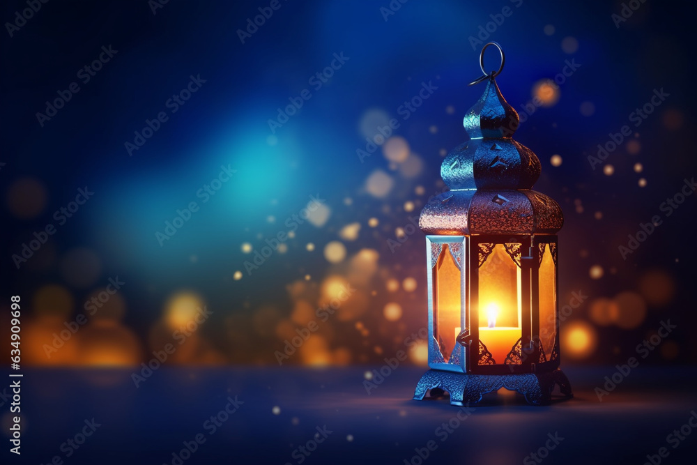 Ornamental Arabic lantern with burning candle glowing . Festive greeting card, invitation for Muslim holy month Ramadan Kareem. Ramadan Kareem greeting photo with serene mosque background