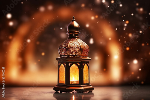 Ornamental Arabic lantern with burning candle glowing . Festive greeting card, invitation for Muslim holy month Ramadan Kareem. Ramadan Kareem greeting photo with serene mosque background © Robin