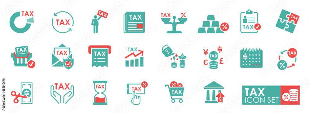 Tax Icons set. Contains Money Reports, Interest Rates, Tax Returns,s and more. Vector illustration. Solid icon style Tax Icons set. Contains Money Reports, Interest Rates, Tax Returns,s and more. Vector illustration. Solid icon style