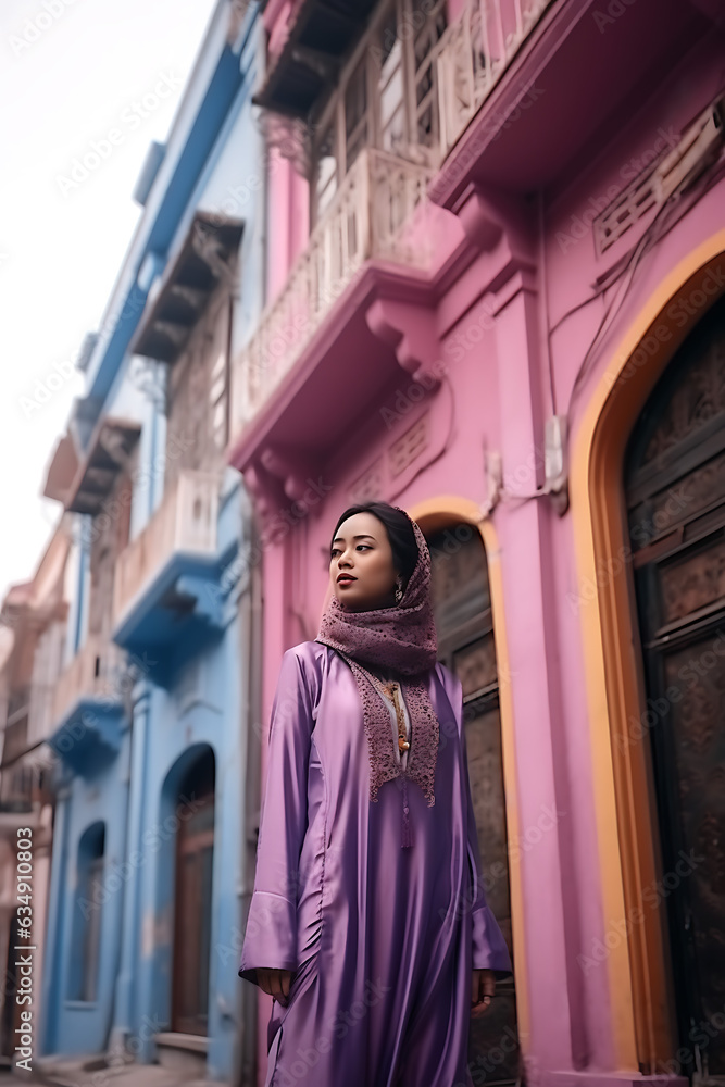 Fashionable Muslim Woman wearing a colorful dress and hijab