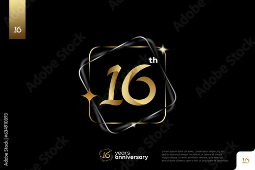 Gold number 16 logo icon design on black background, 16th birthday logo number, anniversary 16