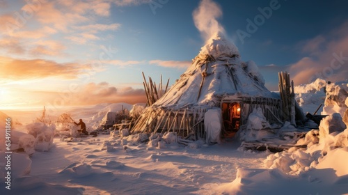Inuit Culture Exploration: A Glimpse into Tupiq Tents, Snowy Landscapes, and Arctic Living - Generative AI photo