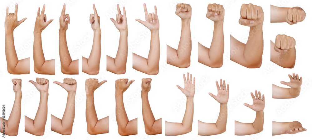 Group of Male asian hand gestures isolated over the white background. Love sign ,Thumb up., fist, wave Multiply degree rotation.