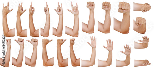 Group of Male asian hand gestures isolated over the white background. Love sign ,Thumb up., fist, wave Multiply degree rotation.