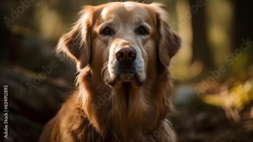 Close up beautiful blonde golden retriever dog explore walking and standing in the woods, nature background. Generative AI technology.