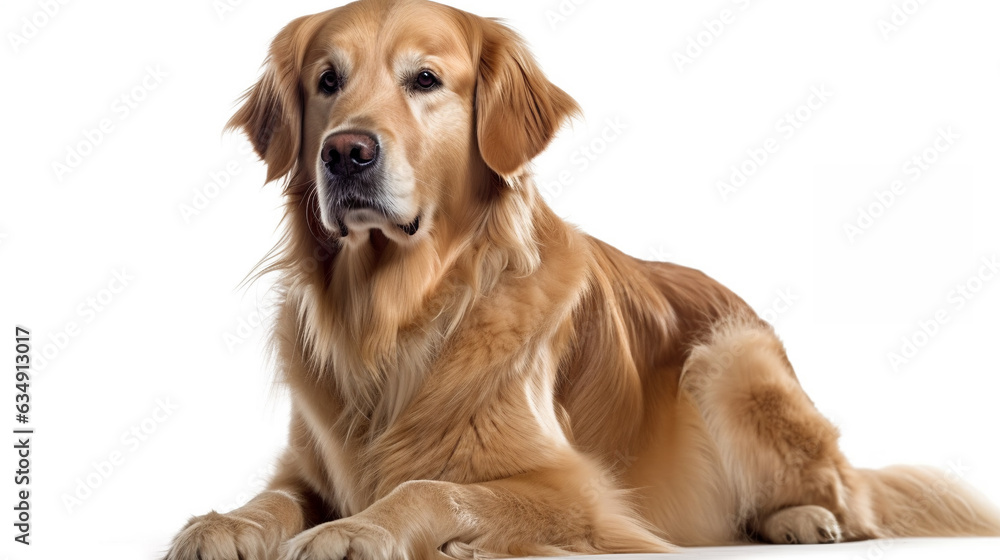 Beautiful blonde golden retriever dog sit relaxed and pose for studio shot isolated on white background. Generative AI technology.