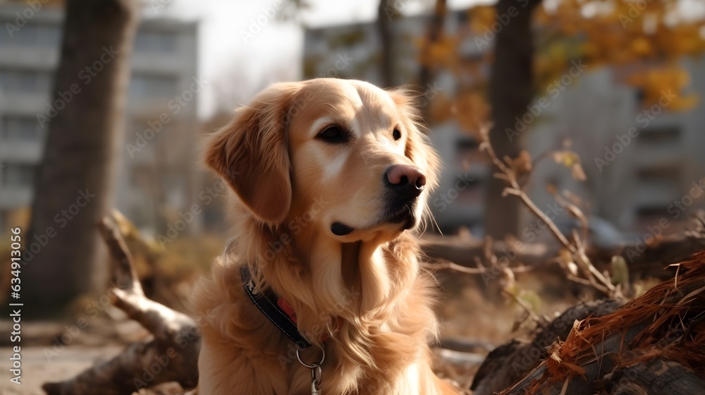 Close up beautiful blonde golden retriever dog sit, looking and staring at something with city park background. Generative AI technology. Close up beautiful blonde golden retriever dog sit, looking and staring at something with city park background. Generative AI technology.