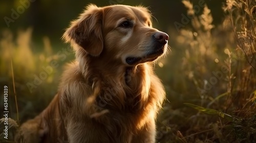 Close up beautiful blonde golden retriever dog explore walking and standing in the middle of the meadow, nature background. Generative AI technology.