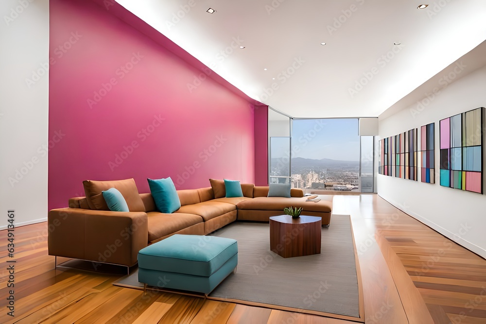 Fototapeta premium Modern contemporary simple minimalist modern cozy, comfortable, colorful artistic and elegant living room for house and apartment, very good interior. Generative AI technology.