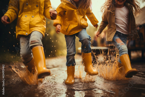 Joyful Kids in Yellow Rain Boots Splashing into Summer Puddles