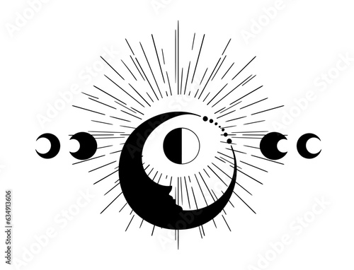 Mystical moon face and moon phases with shining halo, cosmic fantasy crescent in dlack silhouette, celestial handpainted space bodies, vector illustration for cards, t-shirt print