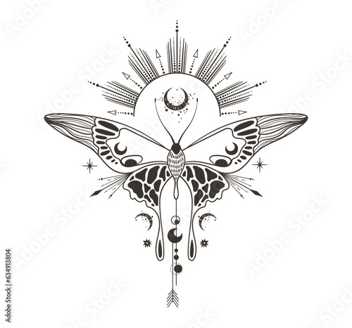 Magic celestial butterfly or moth silhouette clipart, mystic space insect with crescent moon and sun, black and white composition in vector, isolated element for t-shirt, poster, postcards