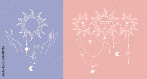 Mysticism vector isolated clip art, Celestial logo template, sun with face and witches hands symbols or icons, mystical cosmic fantasy objects isolated illustrations pack