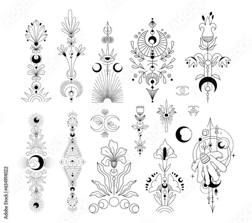 Mystical floral clipart bundle, Mysticism and esoteric concept, Flower moon and fantasy magic plants, leaves and branches isolated vector elements