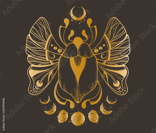 Mystical celestial scarab beetle and moon phases clipart in gold foil texture, magic space insect and crescent silhouettes in vector, unreal hand drawn bug isolated element for t-shirt or card print
