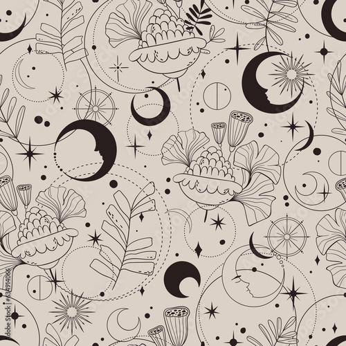 Mystic celestial seamless pattern - magic flowers, leaves, abstract shapes, moon and stars in monochrome black and beige, esoteric vector reapiting motives on background for wrapping, textile print