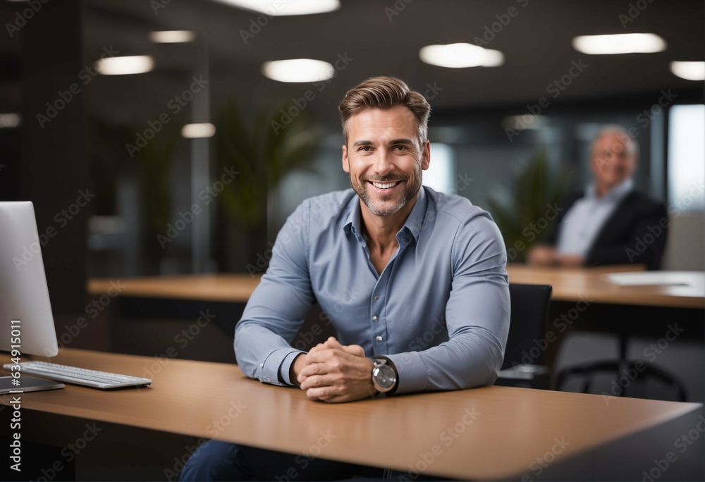 Handsome happy man sitting confidently at office desk and looking at camera Handsome happy man sitting confidently at office desk and looking at camera