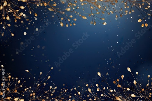 Golden leaves and branches on a dark blue background with space for text. copy space