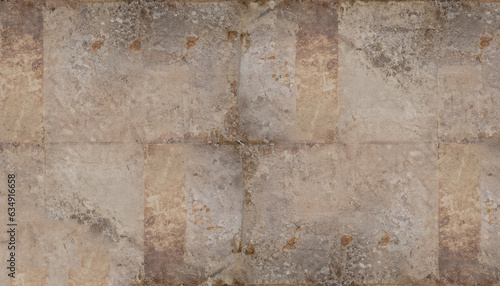 Old brown gray rusty vintage worn shabby patchwork motif tiles stone concrete cement wall texture background banner panorama.