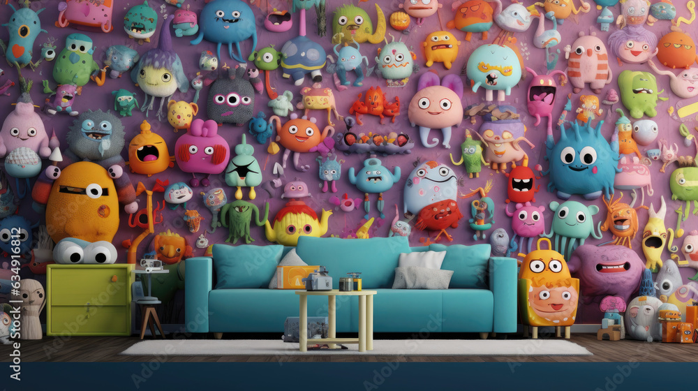 A room decorated with doodle monsters