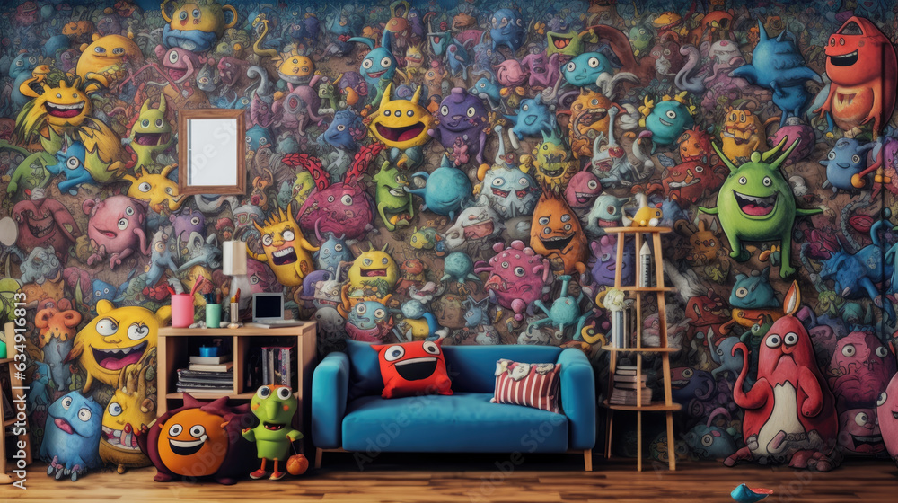 A room decorated with doodle monsters
