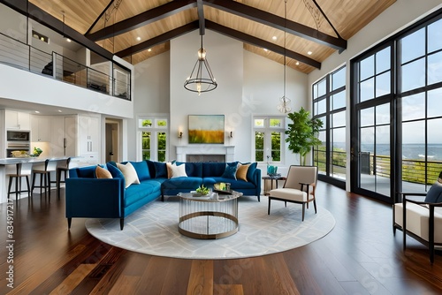 Beautiful and large living room interior with hardwood floors and vaulted ceiling in new luxury home. View of Kitchen, entryway, and second story loft style area  photo