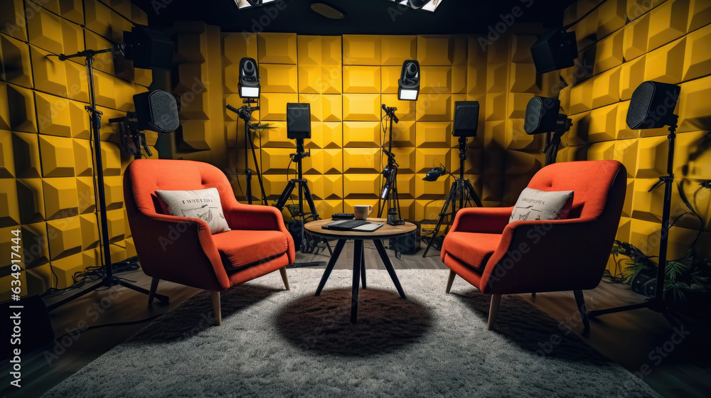 Studio interior for podcast and interview with two chairs - obrazy, fototapety, plakaty 