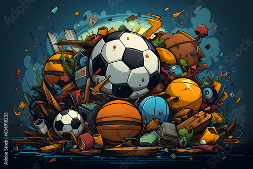 Illustration sports equipment various kinds together compressed until it exploded But looking at the other side, it looks like a pile of garbage that sports equipment has been put together.