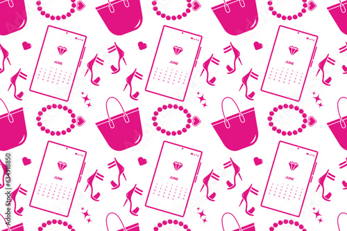 Repeat background doll style. Seamless pattern with pink phone, bag, shoes and beads. Flat vector illustration
