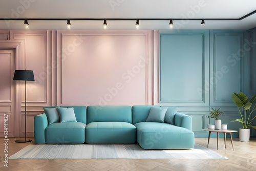 Living room millennial pink interior wall mock up with light blue sofa, empty white wall with free space above on top, 3D render, 3D illustration photo