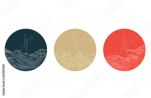 Set of geometric modern graphic elements vector. Asian icons and symbol with Japanese pattern. Abstract banners with template for logo design, flyer or presentation in vintage style. Circle shape