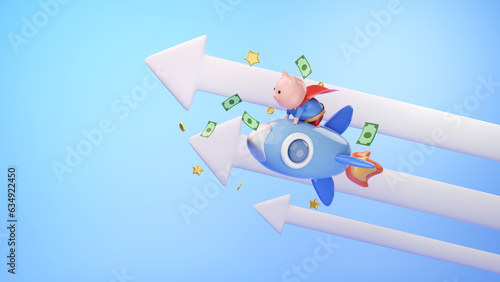 Piggy in hero suit riding a rocket with growth up arrow, floating dollar paper and gold coins on blue background metaphor savings, banking and business finance, increase of Deposit Interest rates conc photo