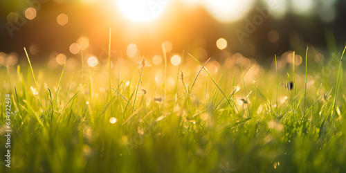 Sunny nature background close-up of summer lawn with bokeh sun at sunset