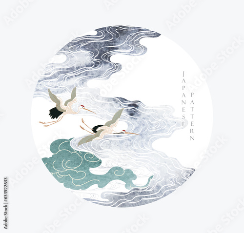 Crane birds vector. Japanese background with watercolor texture painting texture. Oriental natural wave pattern with chinese cloud decoration banner design in vintage style. 