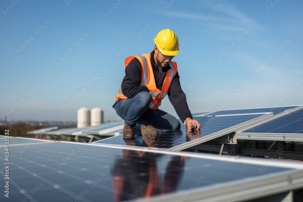 Engineer technician working with solar cell panel. Renewable. Generative AI Engineer technician working with solar cell panel. Renewable. Generative AI