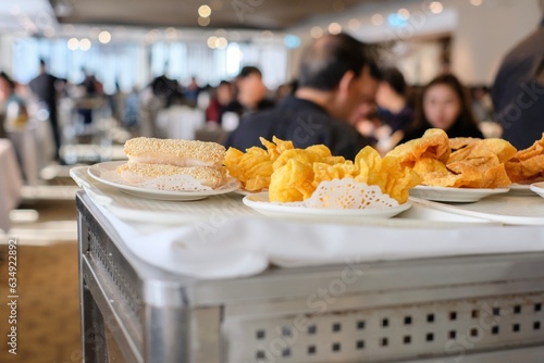 Fried dumplings and buns on top of a rolling cart at a dim sum restaurant in Burwood Chinatown — Sydney, Australia photo