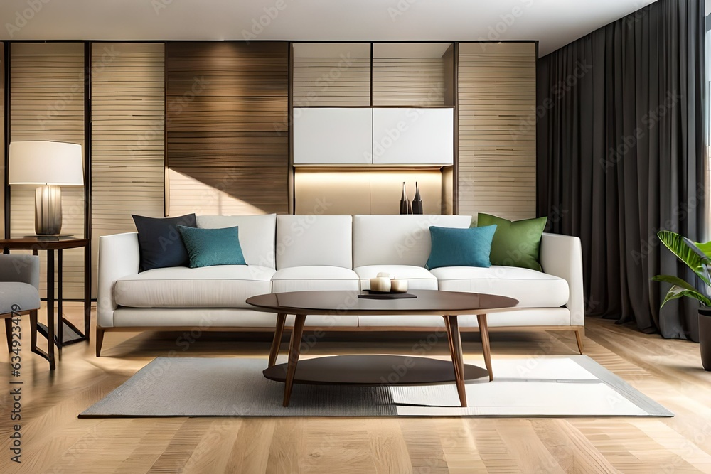 Wooden empty table in front of living room sofa interior. For product display and presentation. Modern living room Wooden empty table in front of living room sofa interior. For product display and presentation. Modern living room