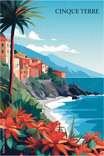 Cinque Terre Italy retro poster with abstract shapes of skyline, landscape, houses and waterfront. Vintage cityscape travel vector illustration of Liguria Riomaggiore village waterfront photo