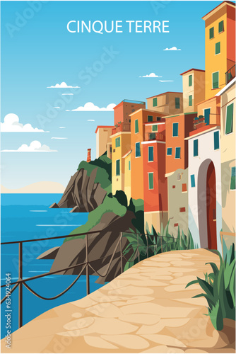 Obraz na plátně Cinque Terre Italy retro poster with abstract shapes of skyline, landscape, houses and waterfront