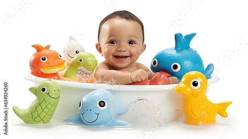 Colorful rubber toys for babies to play with while taking a bath, making bath time more enjoyable. Generative AI