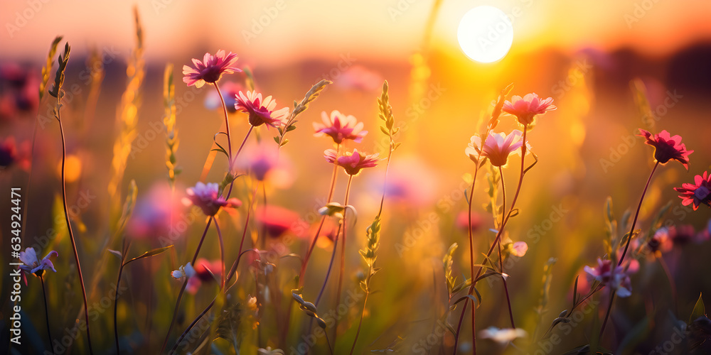 Wild flowers in a meadow at sunset. Macro image, shallow depth of field. summer nature background
