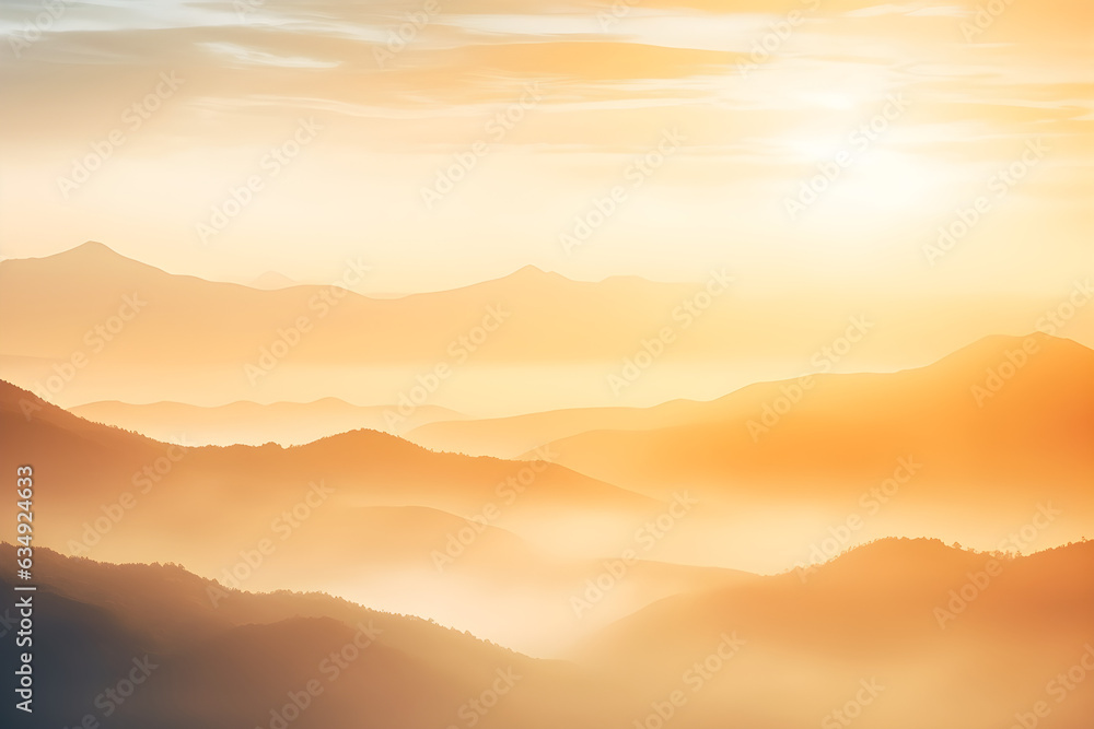 Natural fog and mountains sunlight background blurring, misty waves warm colours and bright sun light. Christmas background sky sunny color orange light patterns, abstract flare evening on clouds blur